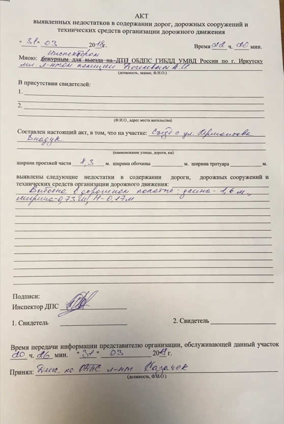 Акт выявленных недостатков в содержании дорог, дорожных сооружений и технических средств организации дорожного движения